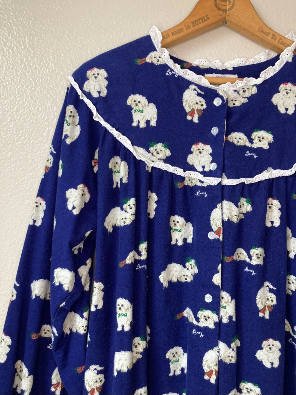 Lanz of Salzburg Puppy Love dog print flannel ruffle nightgown sleep dress sz L
